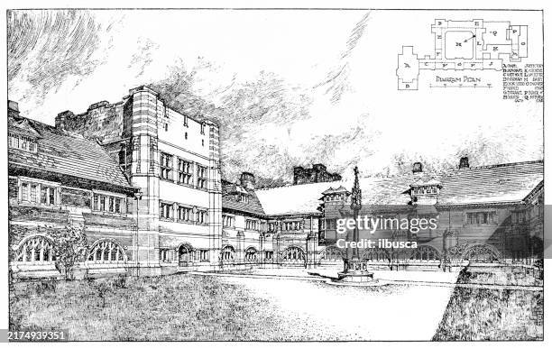 19th century architecture: all saints' convent, colney chapel, st albans - cloister stock illustrations