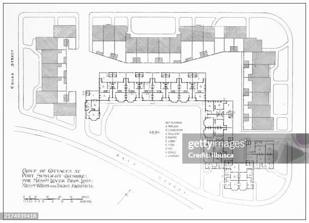 19th century architecture: cottages, port sunlight - floor plan stock illustrations