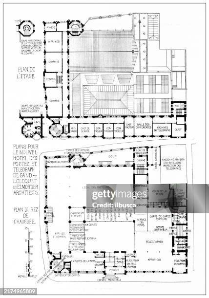 stockillustraties, clipart, cartoons en iconen met 19th century architecture: hotel des postes et telegraphes, gand, belgium - plattegrond