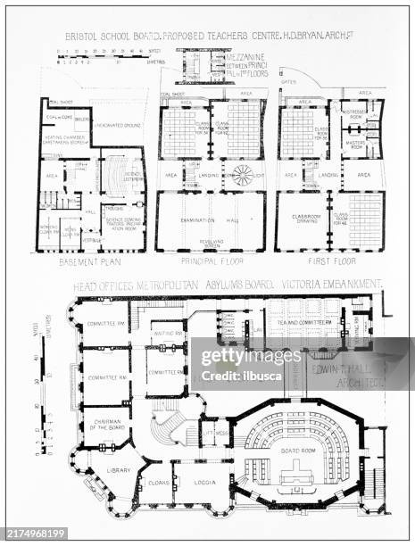 stockillustraties, clipart, cartoons en iconen met 19th century architecture: bristol school board, metropolitan asylums board - plattegrond