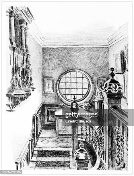 19th century architecture: highcombe edge, hindhead, staircase - barn interior stock illustrations