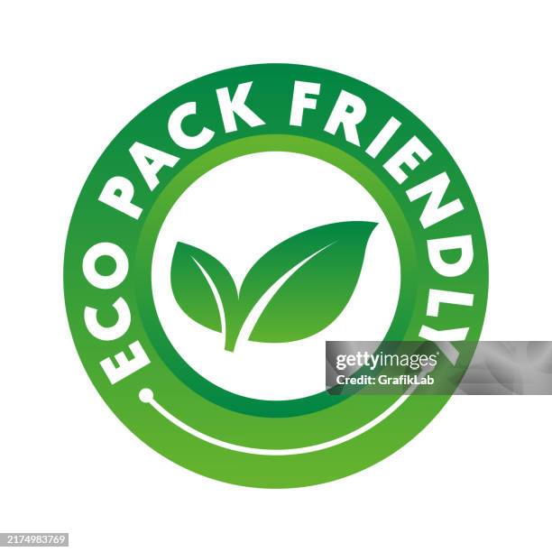 eco pack friendly logo mit grünem blatt-design - biologisch abbaubar stock-grafiken, -clipart, -cartoons und -symbole