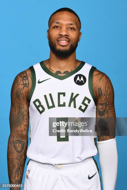 Damian Lillard of the Milwaukee Bucks poses for a head shot during NBA Media Day on September 30, 2024 at the Fiserv Forum in Milwaukee, Wisconsin....
