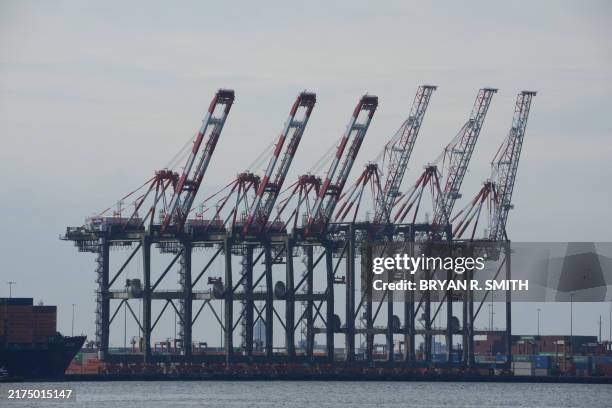 Cranes at Port Newark Shipping Terminal as seen from Bayonne as East Coast Ports may shut down due to a potential dockworker strike in New Jersey on...