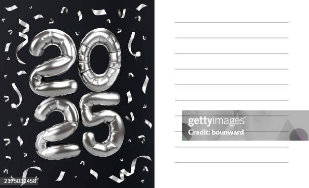christmas invitation card with 3d silver 2025 number balloons. vector - silver confetti vector stock illustrations