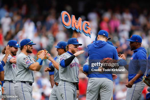 Members of the New York Mets celebrate after defeating the Atlanta Braves at Truist Park on Monday, September 30, 2024 in Atlanta, Georgia.