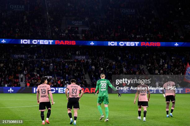 Lee Kang In, Joao Neves, Matvey Safonov, Warren Zaire Emery and Willian Pacho of Paris Saint-Germain look on during the Ligue 1 match between Paris...