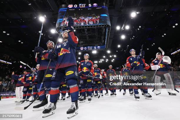 Patrick Hager of EHC Red Bull Munich and his team mates celebrate with the spectators after the 2024 NHL Global Series Challenge Germany match...