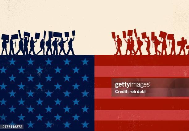 red and blue protesters marching on united states flag - bipartidarismo imagens e fotografias de stock