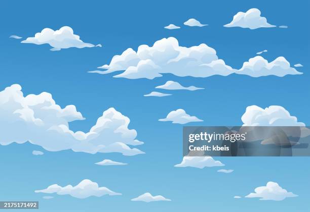 fluffy clouds in bright blue sky - cloudscape stock illustrations
