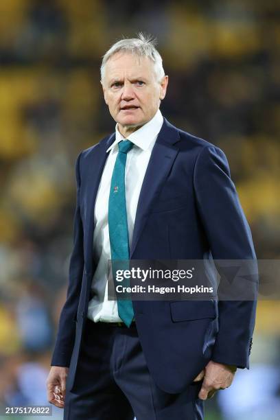 Coach Joe Schmidt of Australia looks on during The Rugby Championship & Bledisloe Cup match between New Zealand All Blacks and Australia Wallabies at...
