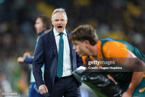 Coach Joe Schmidt of Australia talks to his players during The Rugby Championship & Bledisloe Cup match between New Zealand All Blacks and Australia...