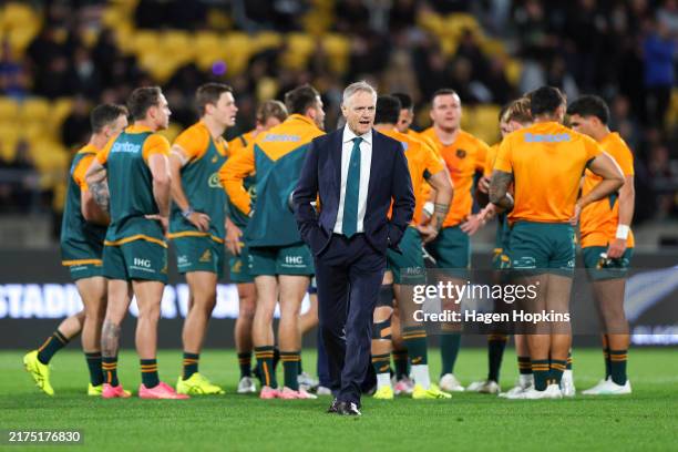 Coach Joe Schmidt of Australia looks on during The Rugby Championship & Bledisloe Cup match between New Zealand All Blacks and Australia Wallabies at...