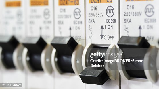 Fuse box circuit breakers, close up Fuse box circuit breakers, close up