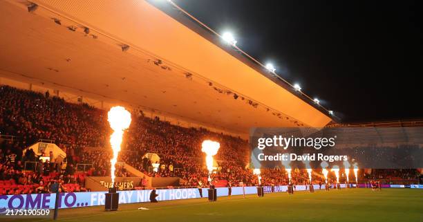 The pre match pyrotechnics during the Gallagher Premiership Rugby match between Bristol Bears and Gloucester Rugby at Ashton Gate on September 27,...
