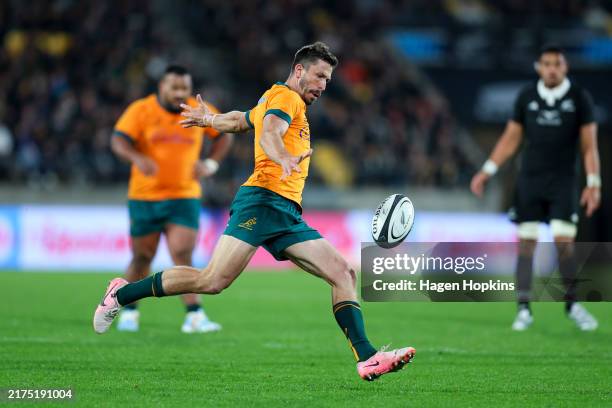 Jake Gordon of Australia kicks during The Rugby Championship & Bledisloe Cup match between New Zealand All Blacks and Australia Wallabies at Sky...