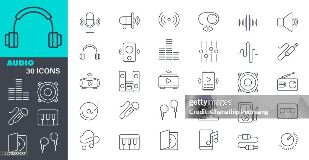 Audio-Icon-Set. 30 editierbare strich vektorgrafik elemente, stock illustration mit icon-symbol, kopfhörer, musik, mikrofon