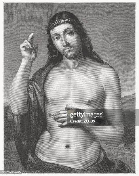 christ blessing, painted by raphael, wood engraving, published in 1890 - brescia stock illustrations