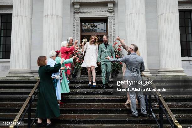 Sam and Christopher Jamieson-Green are pictured leaving Old Marylebone Town Hall after getting married on October 1, 2024 in London, England. Old...