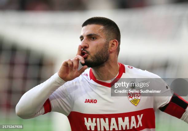 Deniz Undav of VfB Stuttgart celebrates scoring his team's second goal during the Bundesliga match between VfL Wolfsburg and VfB Stuttgart at...