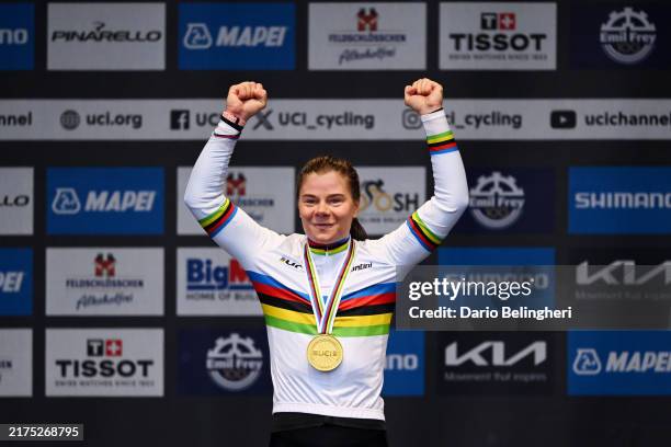 Gold medalist Lotte Kopecky of Team Belgium poses on the podium during the 97th UCI Cycling World Championships Zurich 2024, Women's Elite Road Race...