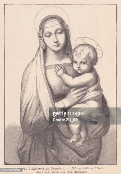 bildbanksillustrationer, clip art samt tecknat material och ikoner med madonna del granduca, painted by raphael, wood engraving, published 1890 - religiös illustration