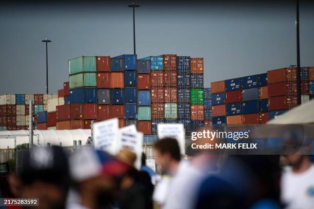 Dockworkers strike at the Bayport Container Terminal in Seabrook, Texas, on October 1, 2024. Officials at 14 ports along the US East and Gulf Coasts...