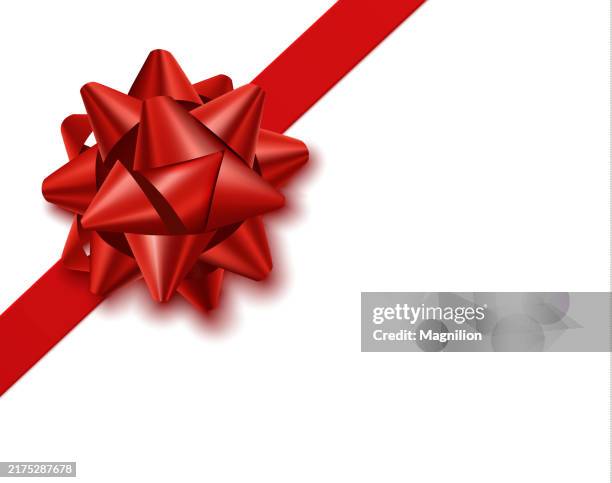 stockillustraties, clipart, cartoons en iconen met glossy red bow with ribbon, tied at an angle, vector illustration - lintje naaigerei