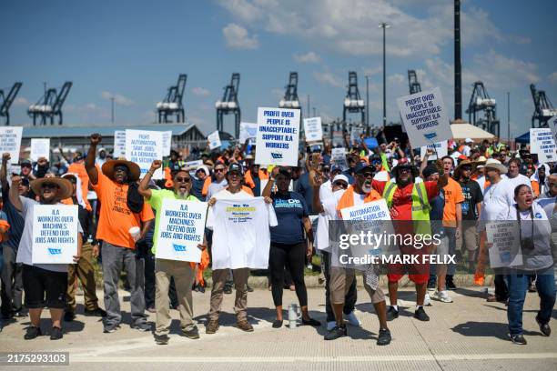 Dockworkers gather at the Bayport Container Terminal in Seabrook, Texas, on October 1, 2024. Officials at 14 ports along the US East and Gulf Coasts...
