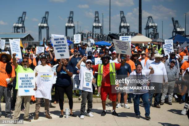 Dockworkers gather at the Bayport Container Terminal in Seabrook, Texas, on October 1, 2024. Officials at 14 ports along the US East and Gulf Coasts...