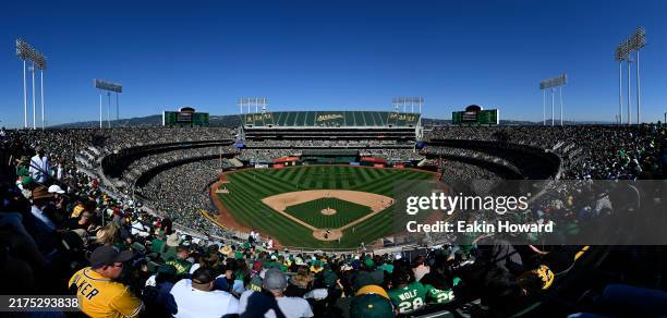 General view of the stadium during the eighth inning as the Oakland Athletics play the Texas Rangers at the Oakland Coliseum on September 26, 2024 in...