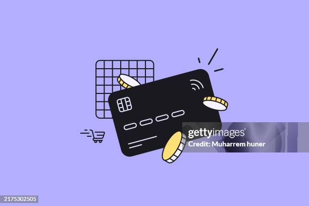 ilustraciones, imágenes clip art, dibujos animados e iconos de stock de compras con tarjeta de crédito y conceptos de devolución de dinero, ilustración vectorial e icono. trazo editable. - recibos