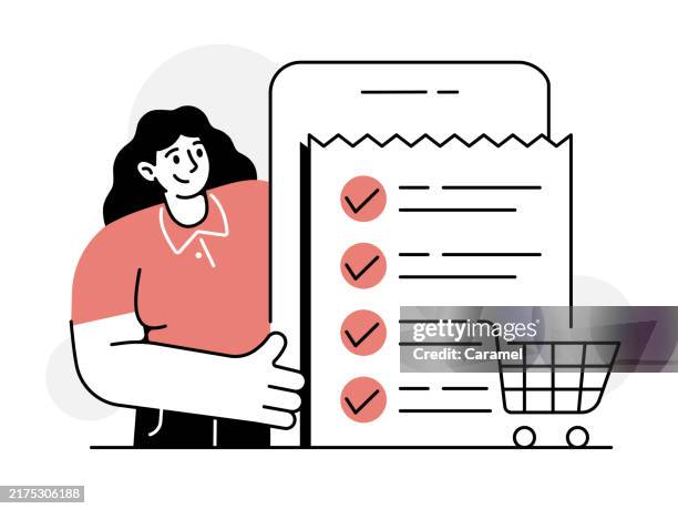 stockillustraties, clipart, cartoons en iconen met grocery list management concept - boodschappenlijst