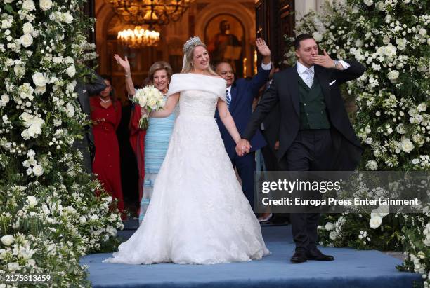 Theodora of Greece and Matthew Kumar leave the Cathedral of the Annunciation of St. Mary, now husband and wife, on September 28 in Athens, Greece.