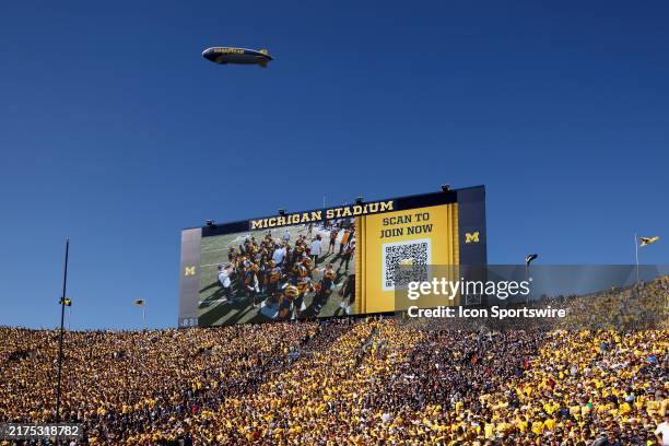 General view as the Goodyear Blimp flies over the stadium during a college football game between the USC Trojans and the Michigan Wolverines on...