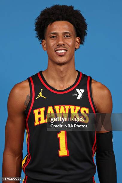 Jalen Johnson of the Atlanta Hawks poses for a head shot during NBA Media Day on September 30, 2024 at PC&E Studios in Atlanta, Georgia. NOTE TO...