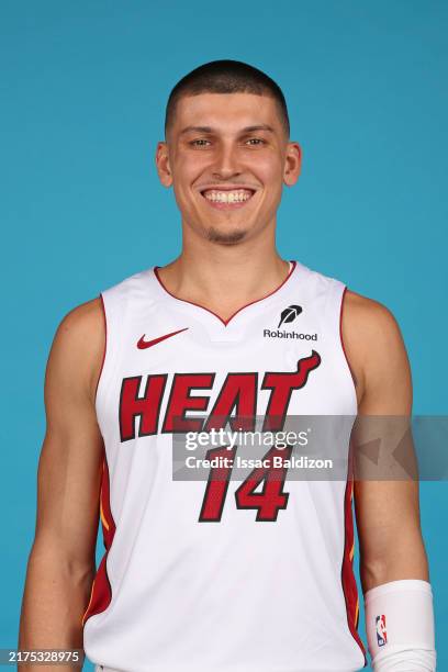 Tyler Herro of the Miami Heat poses for a head shot during NBA media day at Kaseya Center on September 30, 2024 in Miami, Florida. NOTE TO USER: User...