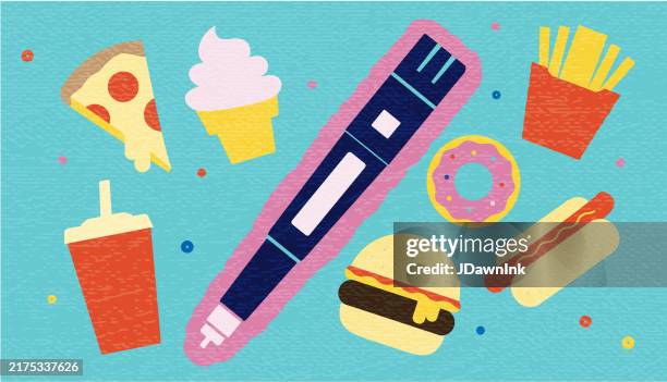 auswirkungen der semaglutid-therapie auf gewichtsverlust und ungesunde essgewohnheiten abstraktes konzept mit injektionsstift und fast-food-elementen - körperbewusstsein stock-grafiken, -clipart, -cartoons und -symbole
