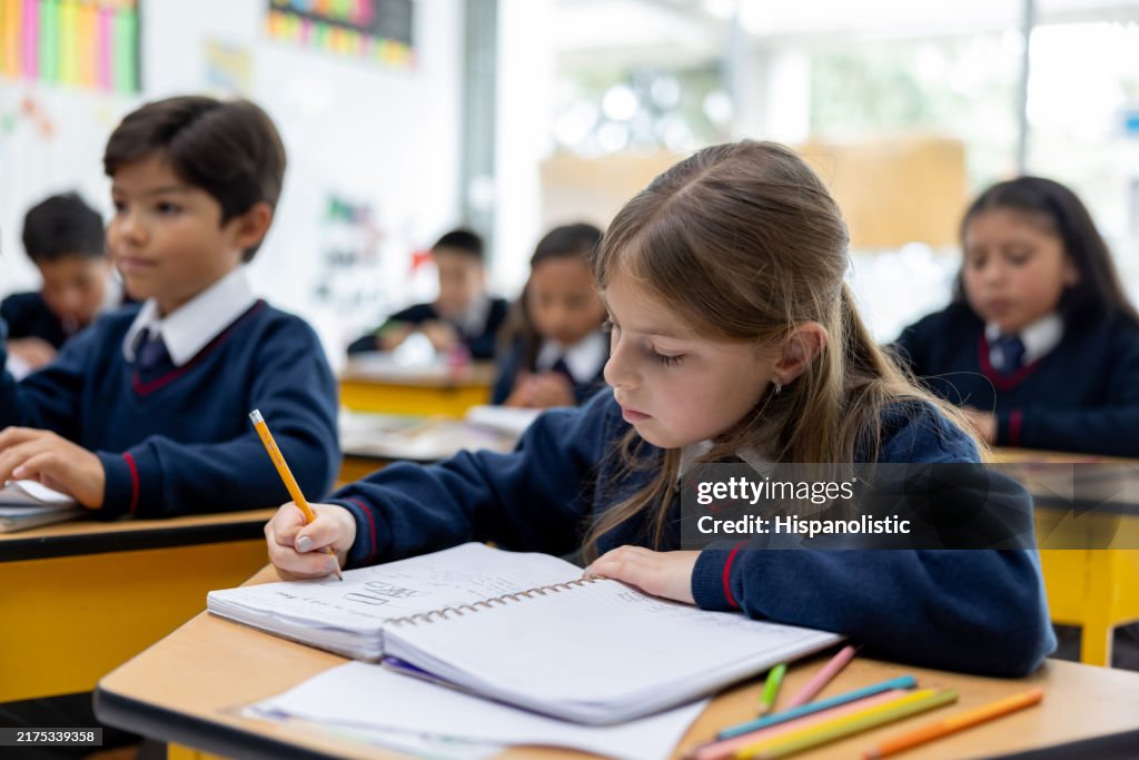 Happy schoolgirl paying attention in class