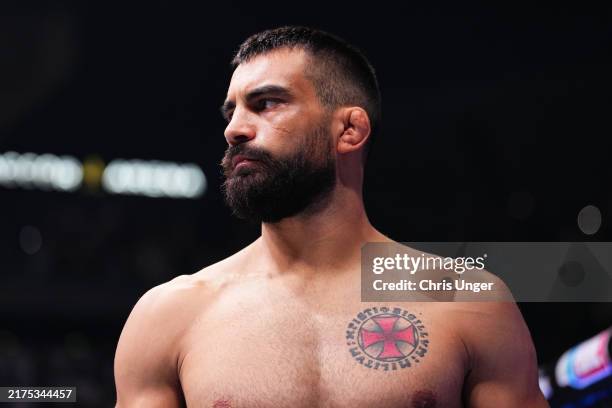 Benoit Saint Denis of France prepares to face Renato Moicano of Brazil in a lightweight fight during the UFC Fight Night event at The Accor Arena on...
