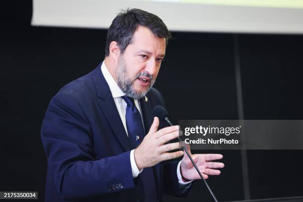 Lega political party leader Matteo Salvini attends the Le concessioni di infrastrutture e di servizi di trasporto conference at Politecnico di Milano...