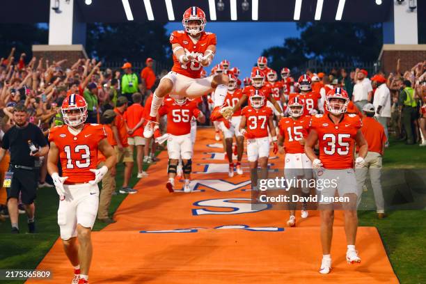Ronan Hanafin of the Clemson Tigers enters the field before the first half of a football game against the Stanford Cardinal at Memorial Stadium on...