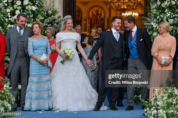 Theodora of Greece and Matthew Kumar leave the Metropolis Greek Orthodox Cathedral where they were married on September 28, 2024 in Athens, Greece.