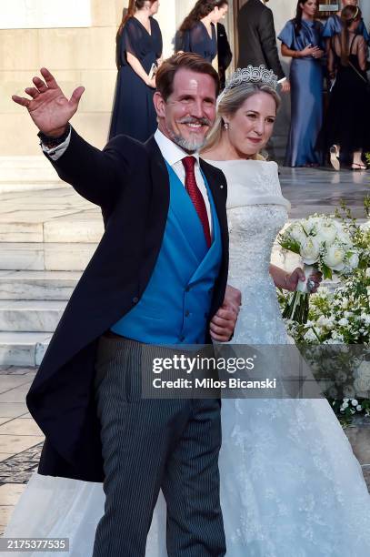 Theodora of Greece arrives on the arm of her brother Paul to marry Matthew Kumar at the Metropolis Greek Orthodox Cathedral on September 28, 2024 in...