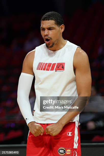 Trey Kell III of the Hawks warms up during the round two NBL match between Sydney Kings and Illawarra Hawks at Qudos Bank Arena, on September 29 in...