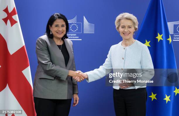 President of Georgia Salome Zourabichvili is welcome by the President of the European Commission Ursula von der Leyen prior a bilateral meeting in...
