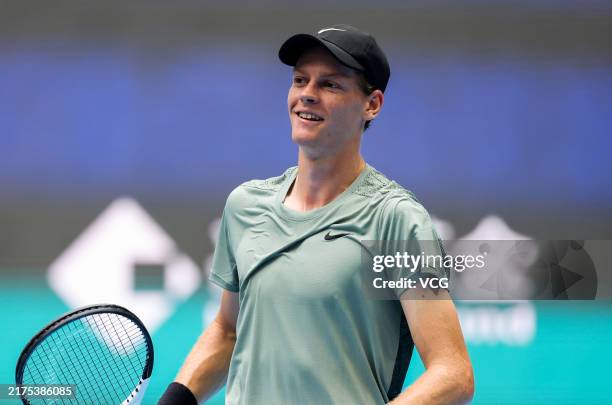 Jannik Sinner of Italy reacts in the Men's Singles Round of 16 match against Roman Safiullin of Russia on day six of 2024 China Open at National...