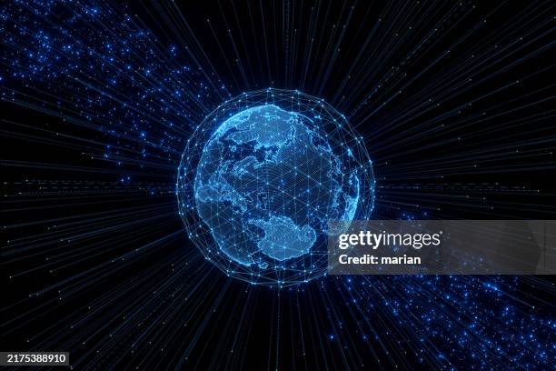 global satellite communication network, 3d rendering - digital world map stock pictures, royalty-free photos & images