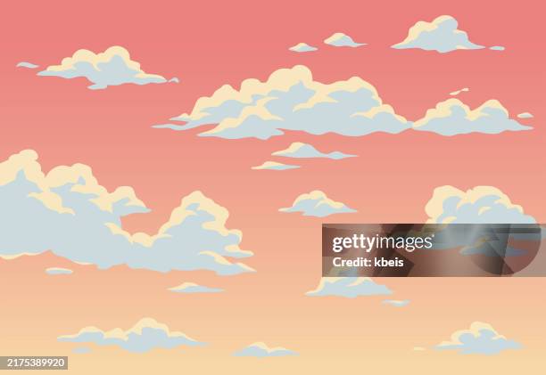 bildbanksillustrationer, clip art samt tecknat material och ikoner med fluffy clouds in orange sky - solnedgång