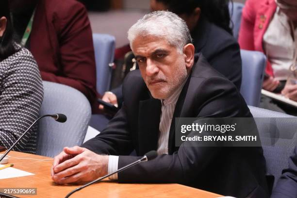 Iranian Ambassador to the United Nations Amir Saeid Iravani looks on during the Security Council meeting on the situation in the Middle East at the...